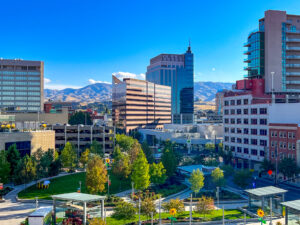 View of downtown Boise buildings and foothills in the background.